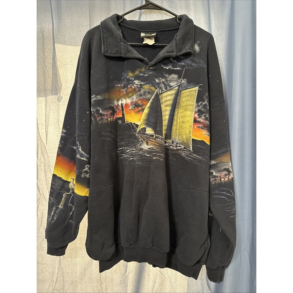 Vintage AU Art Unlimited Lighthouse Night Sea Henley Sweatshirt RARE Men's 2XL
